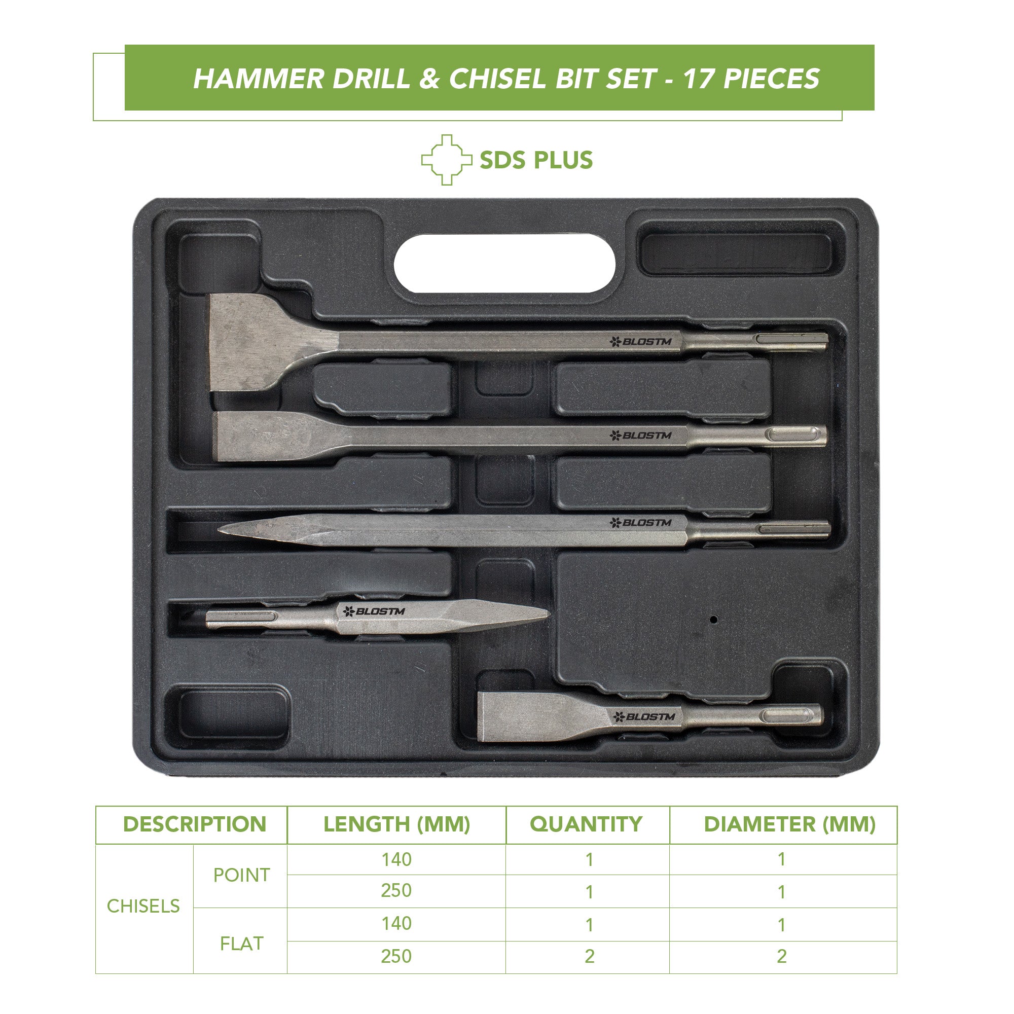 BLOSTM HAMMER DRILL & CHISEL BIT SET - 17 PIECES