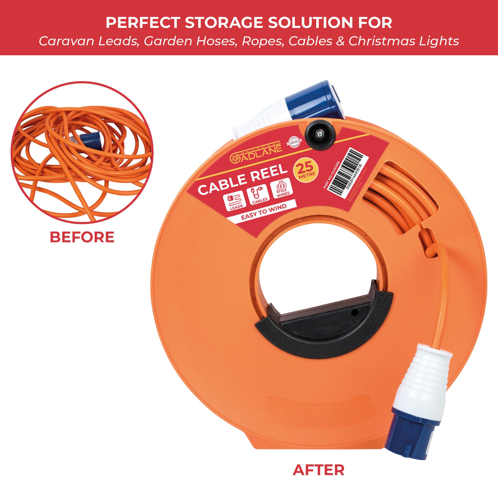 GADLANE ORANGE CABLE REEL - 25 METRE