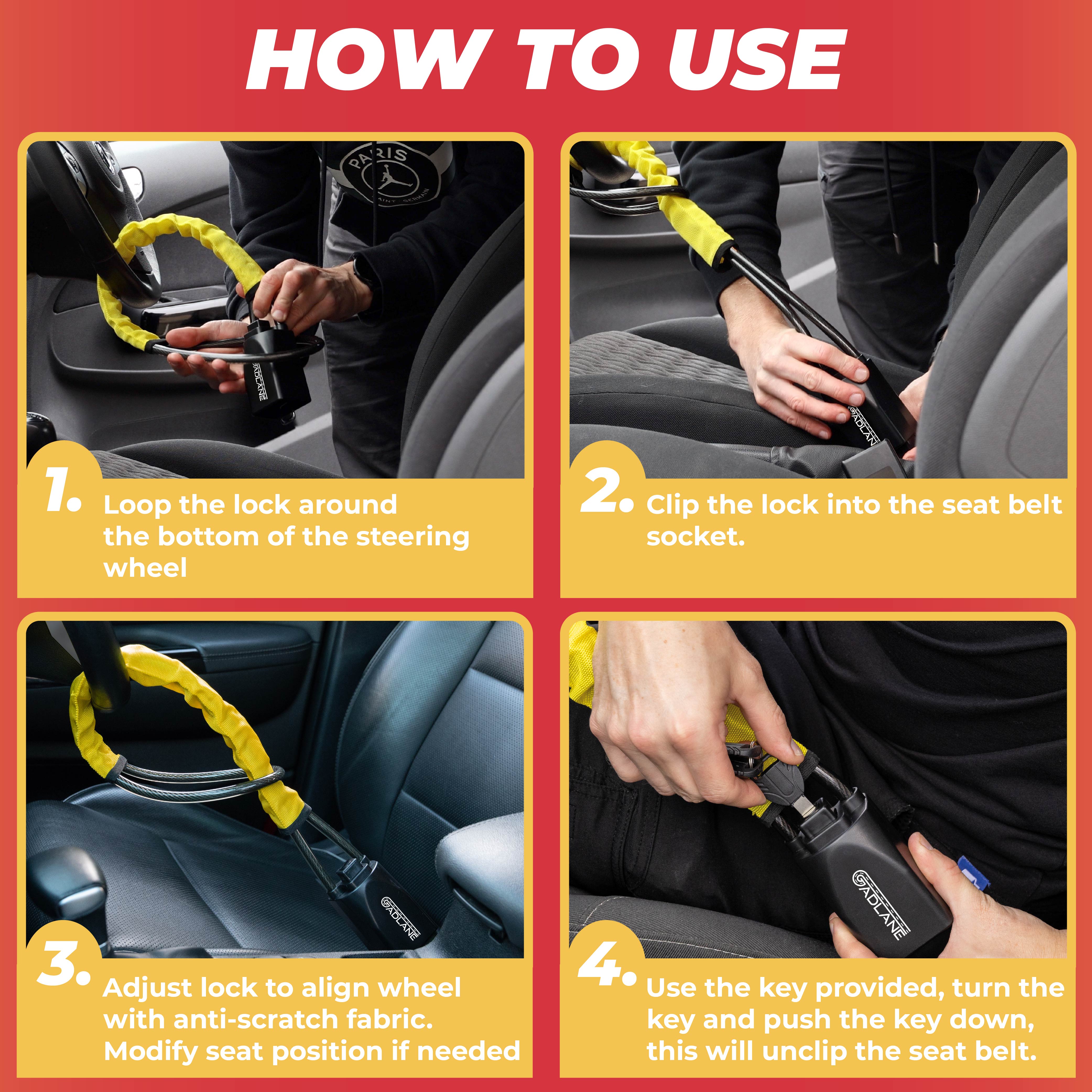 GADLANE STEERING WHEEL TO SEAT BELT LOCK - YELLOW
