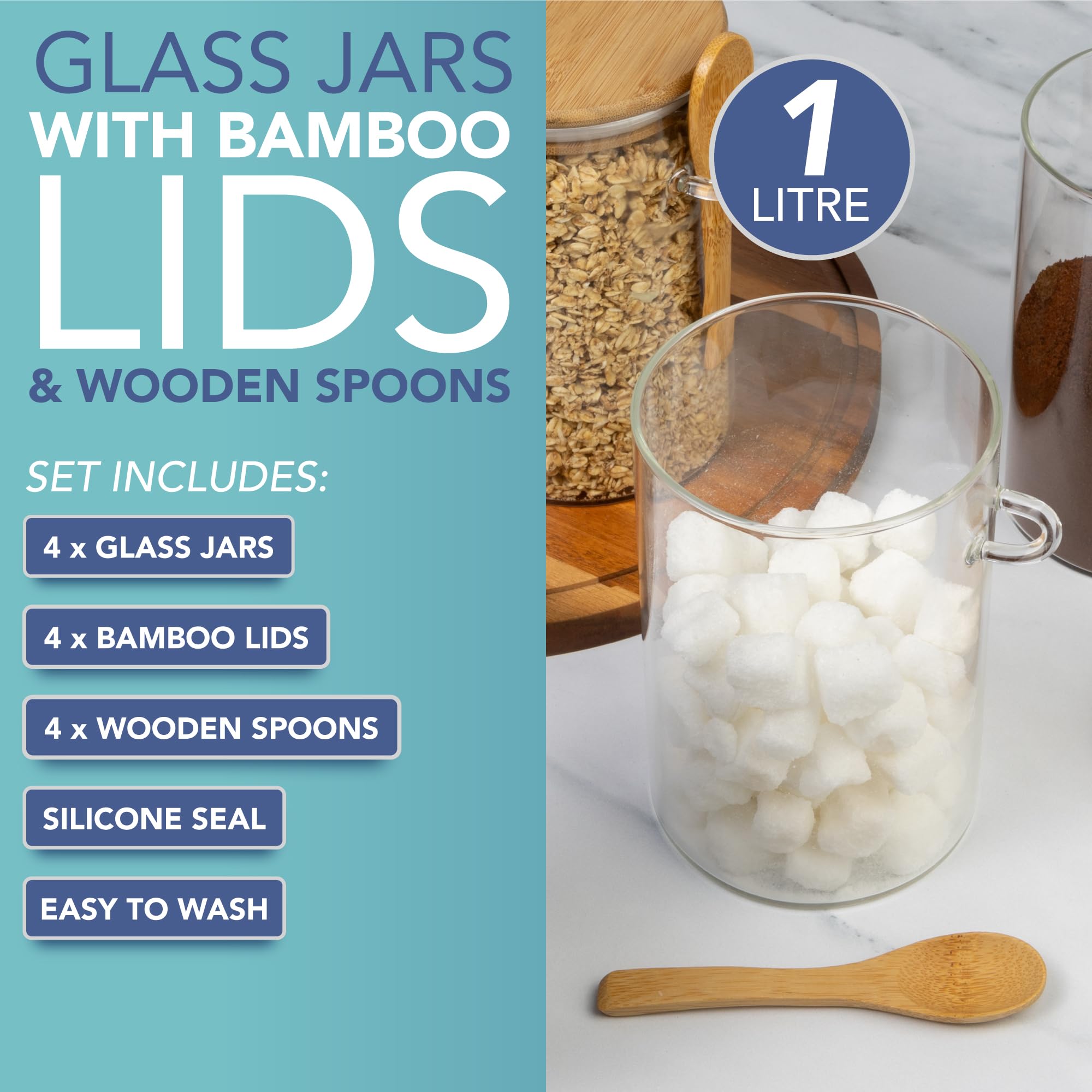 HEFTMAN GLASS JARS WITH SPOONS 1 LITRE - 2 PACK