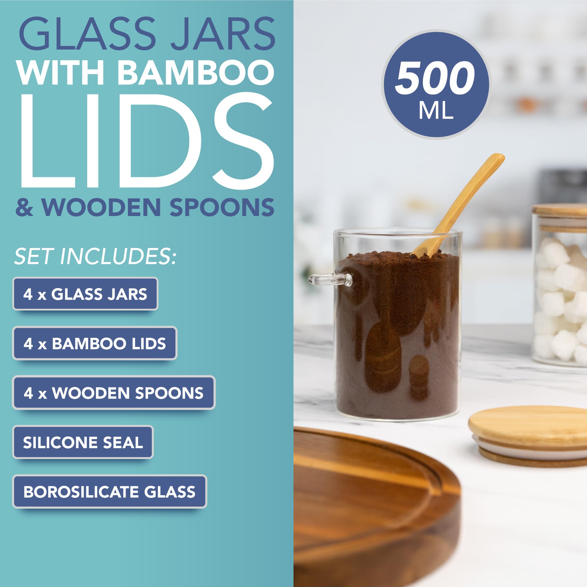 HEFTMAN GLASS JARS WITH SPOONS 500ML - 4 PACK