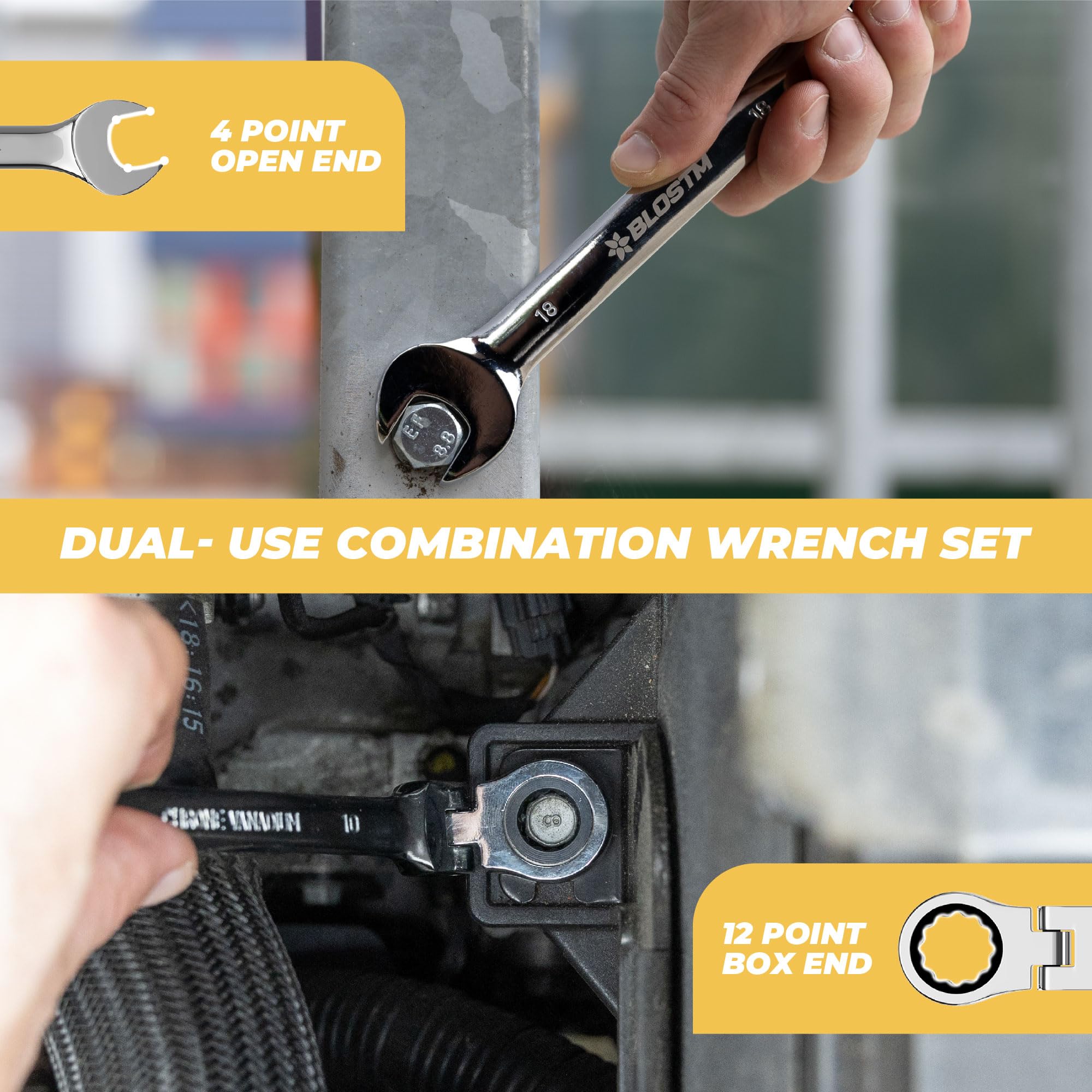 BLOSTM FLEXIBLE COMBINATION RATCHET SPANNER SET - 12PCS