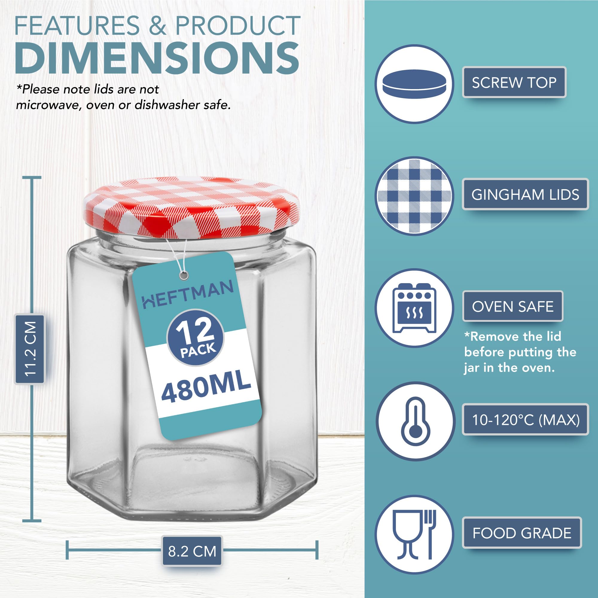 HEFTMAN HEXAGONAL JAM JARS 480ML - 12 PACK