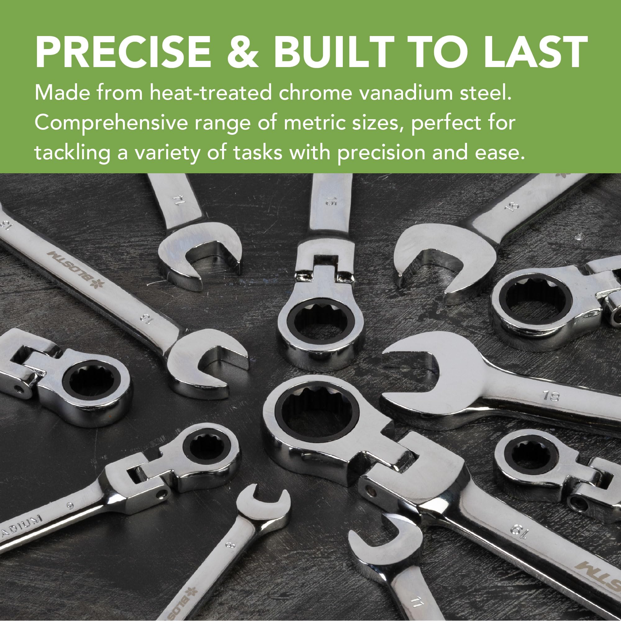 BLOSTM FLEXIBLE COMBINATION RATCHET SPANNER SET - 12PCS