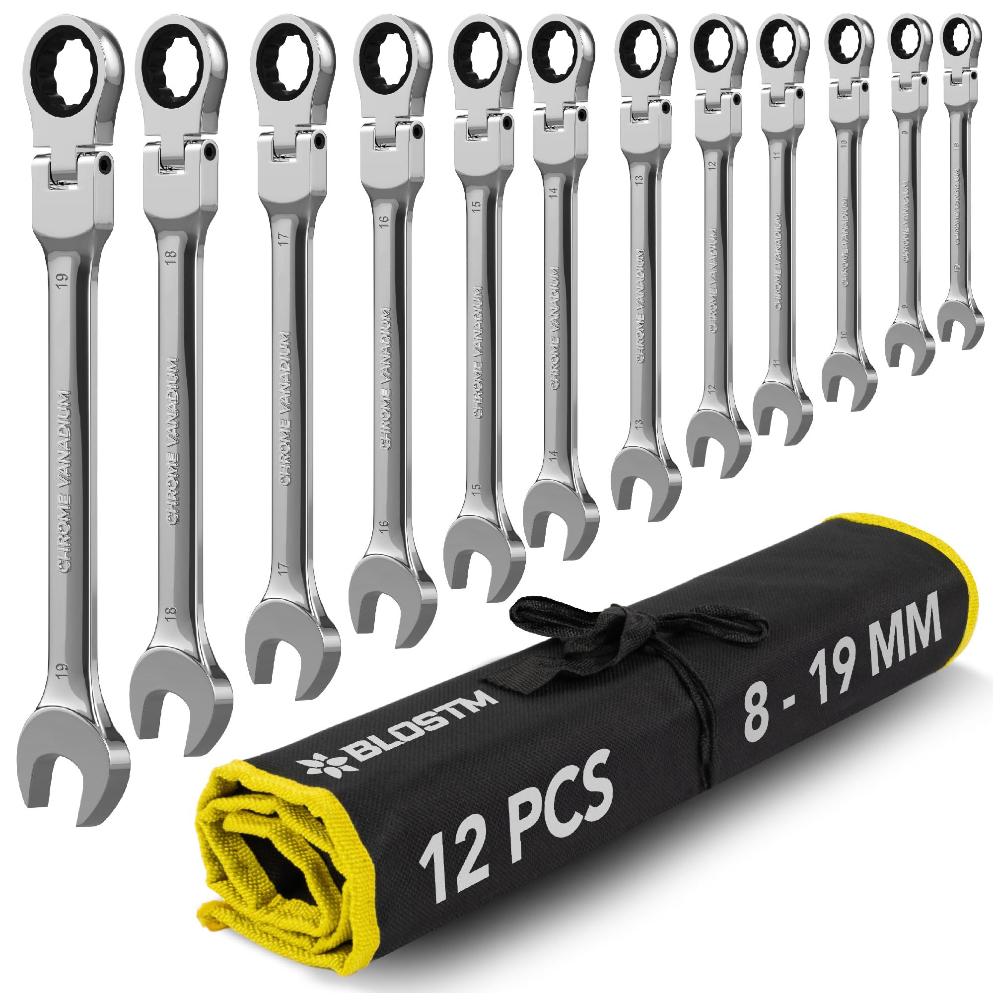 BLOSTM FLEXIBLE COMBINATION RATCHET SPANNER SET - 12PCS