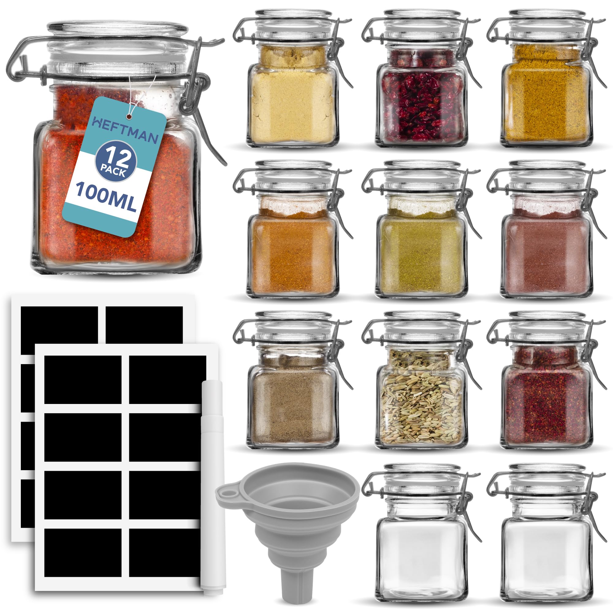 HEFTMAN 12 MINI CLIP TOP SPICE JARS 100ML