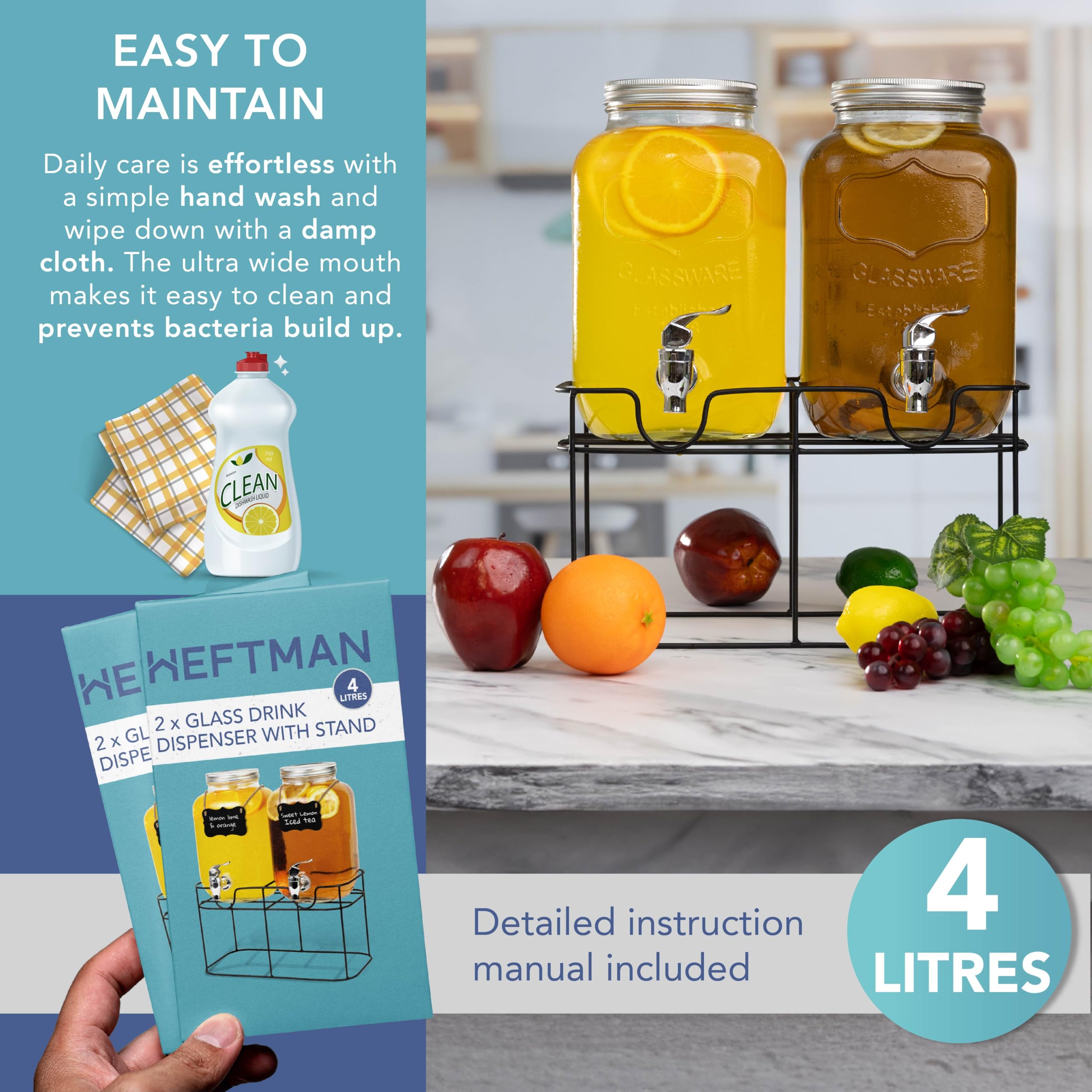 HEFTMAN 2 X 4L GLASS DRINK DISPENSER WITH STAND