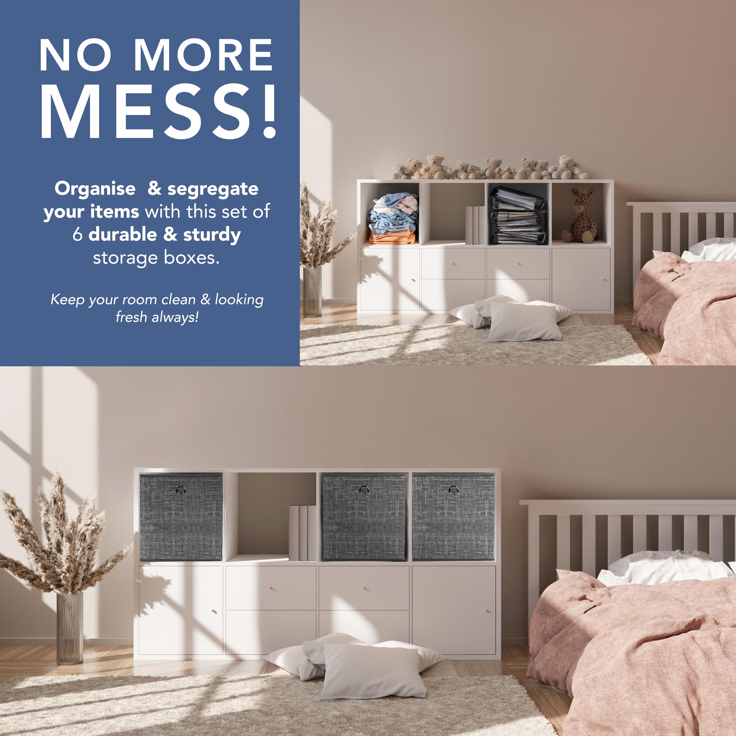 HEFTMAN COLLAPSIBLE STORAGE BOXES - 6 PACK - (26 X 26 X 28CM) - GREY