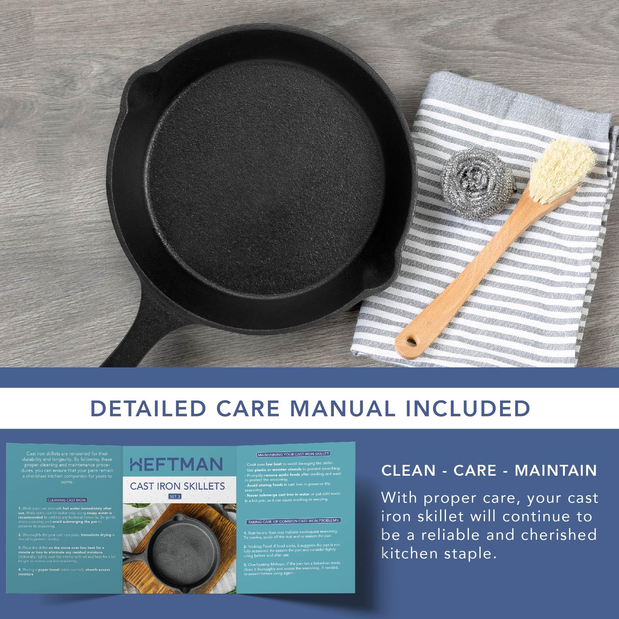 HEFTMAN CAST IRON SKILLETS - SET OF 3