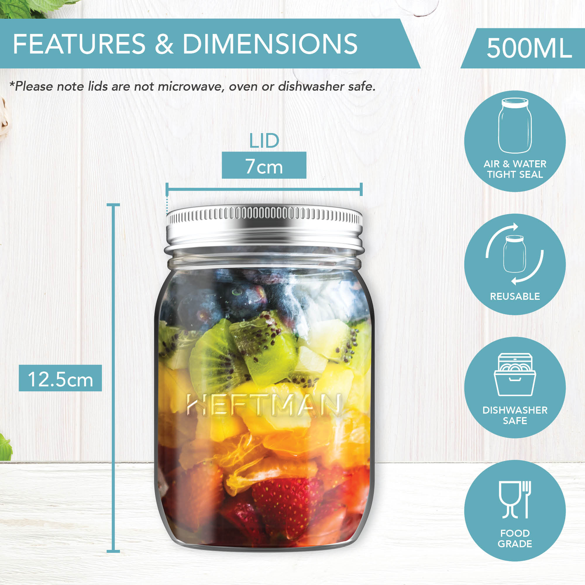 HEFTMAN MASON GLASS JARS - 6 PACK (500ml)