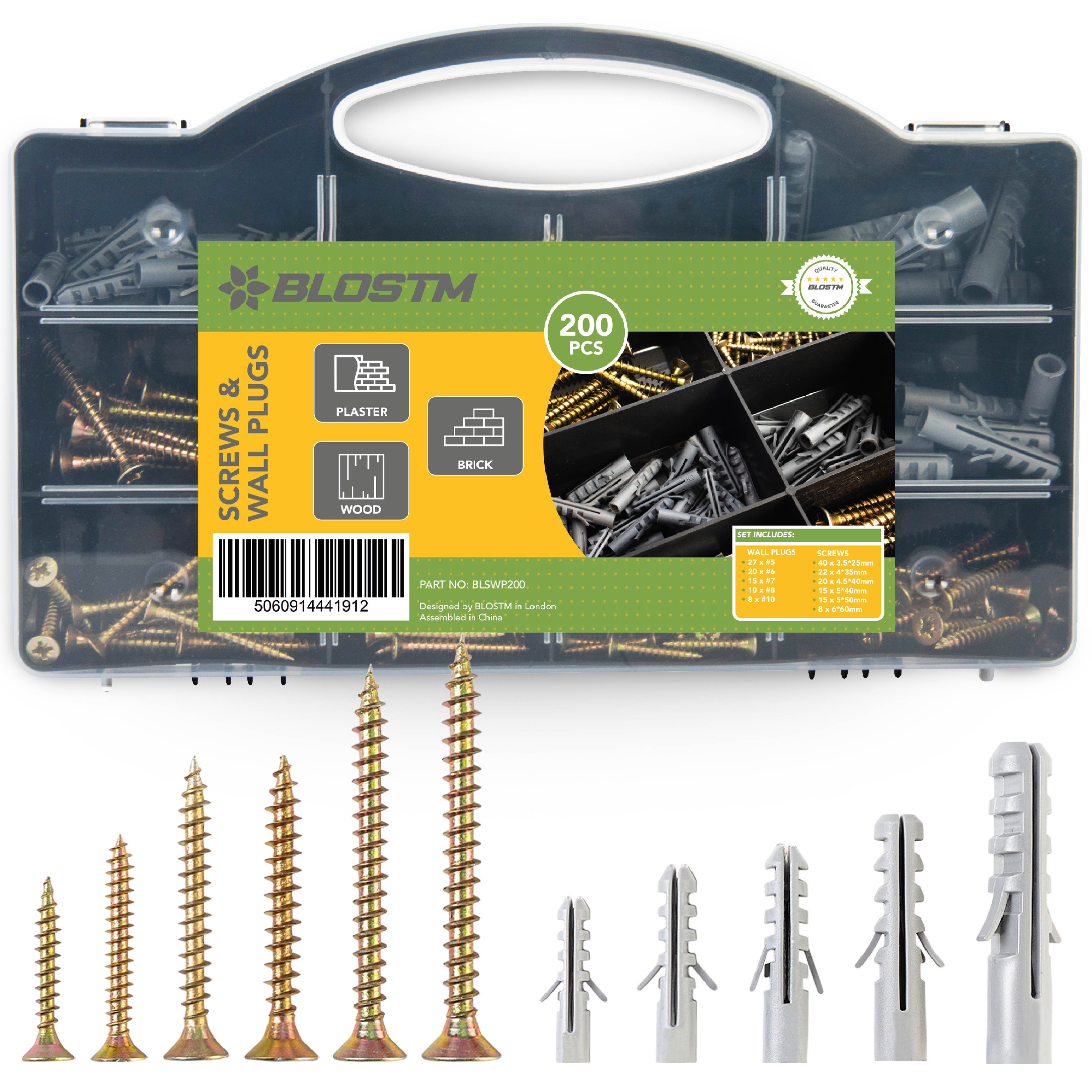 BLOSTM SCREWS AND WALL PLUGS - 200 PIECE
