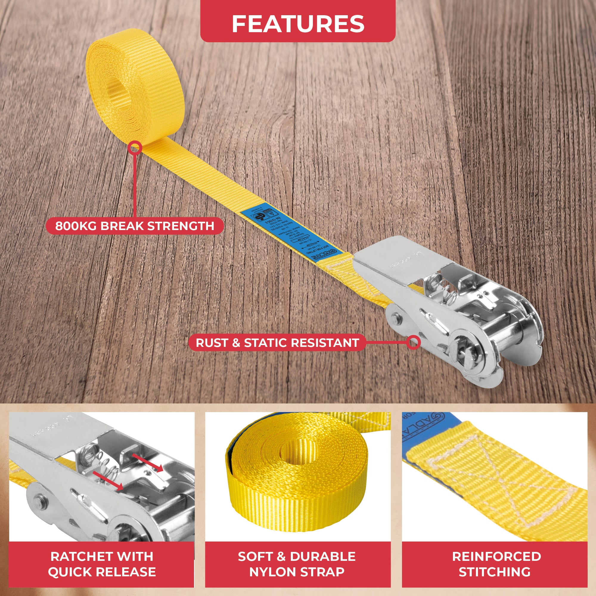 GADLANE RATCHET STRAPS 800KG 4M - 4 PACK