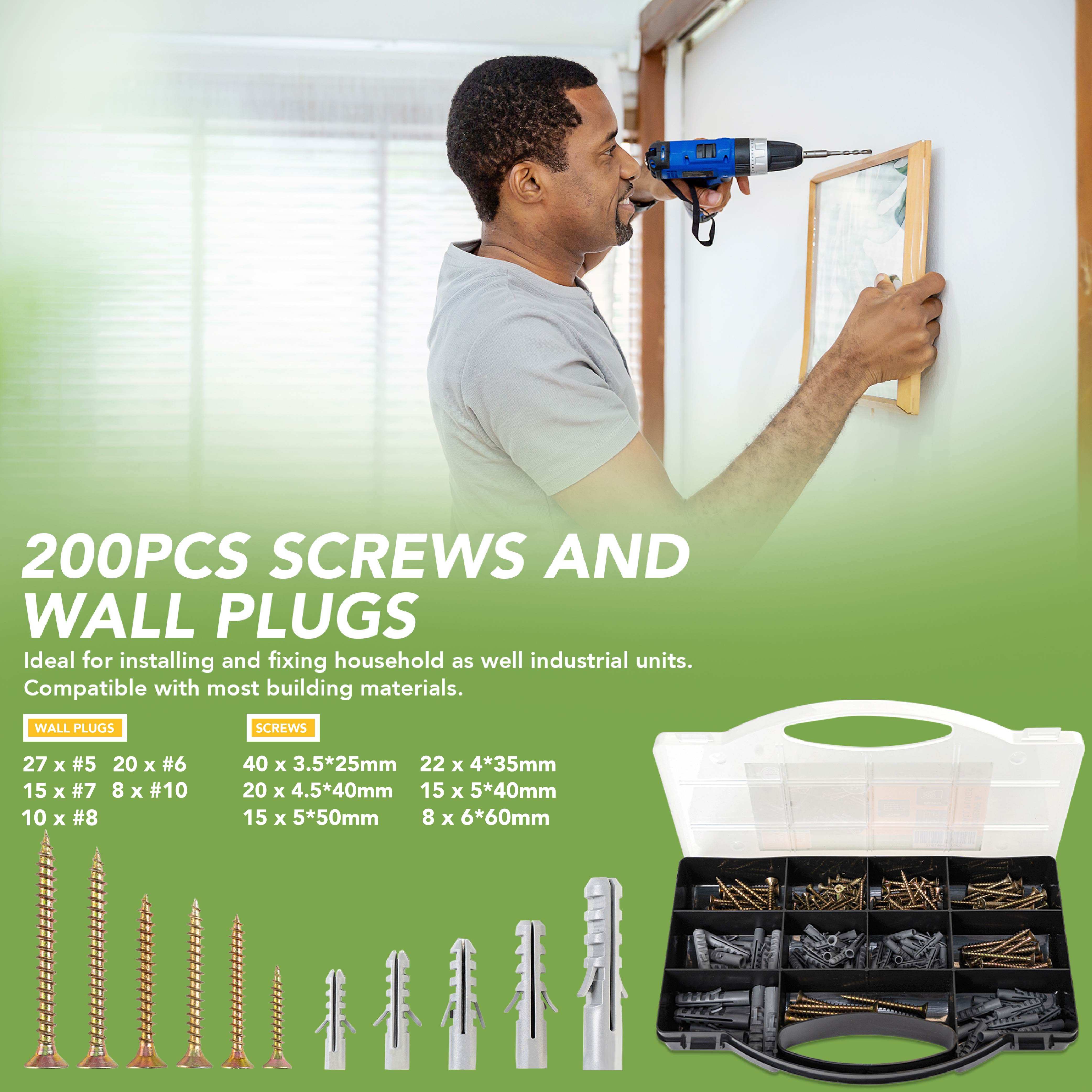 BLOSTM SCREWS AND WALL PLUGS - 200 PIECE