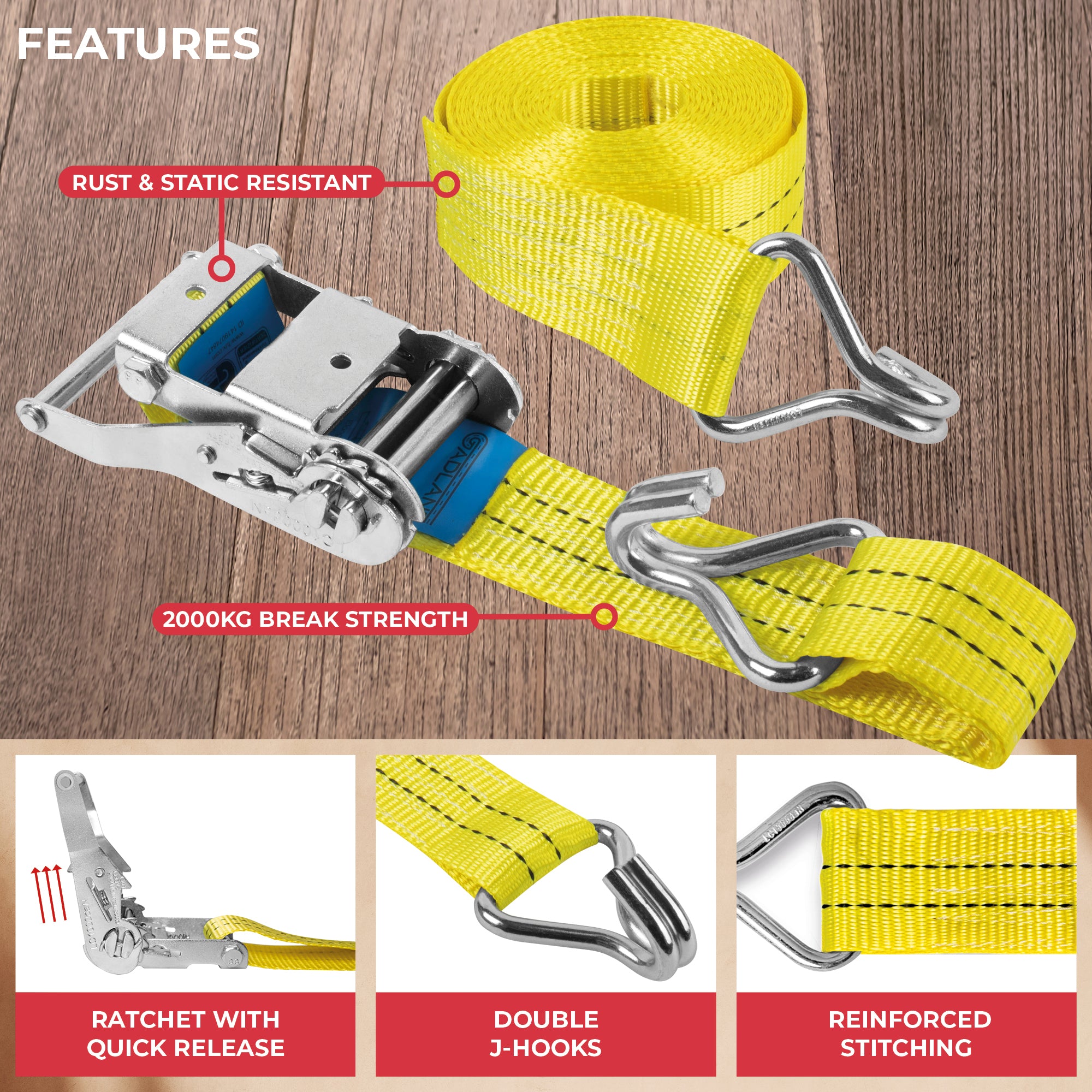 GADLANE HEAVY DUTY RATCHET STRAPS 2000KG 6M - 4 PACK