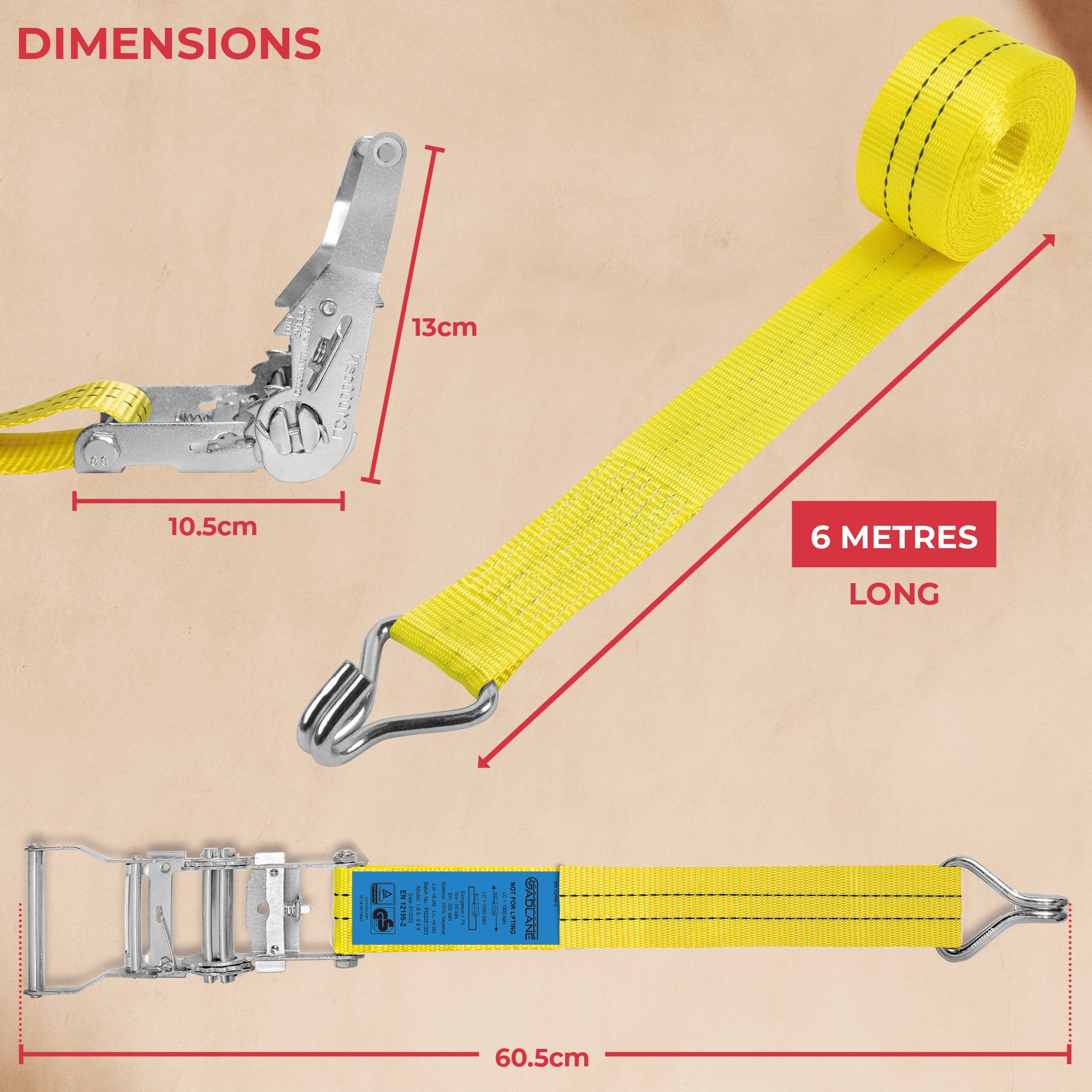 GADLANE HEAVY DUTY RATCHET STRAPS 2000KG 6M - 4 PACK
