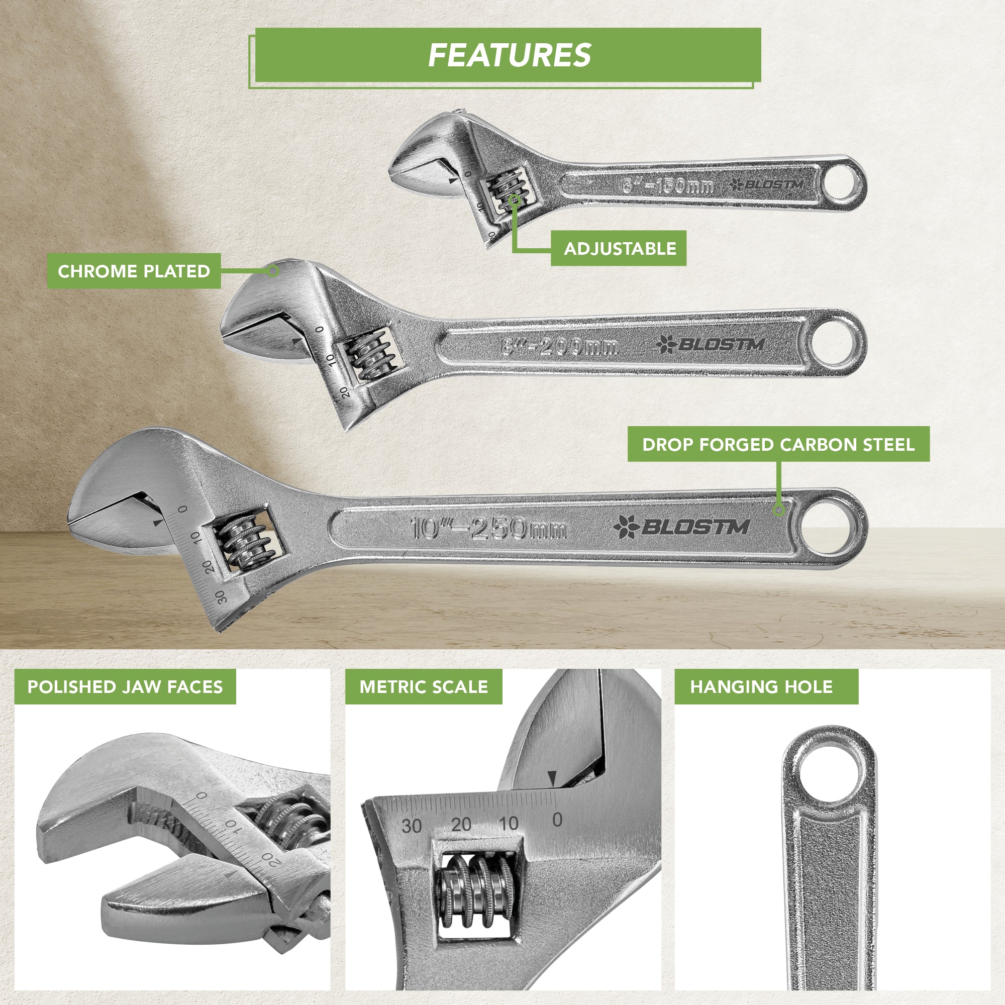 BLOSTM ADJUSTABLE SPANNER SET 3 PIECE