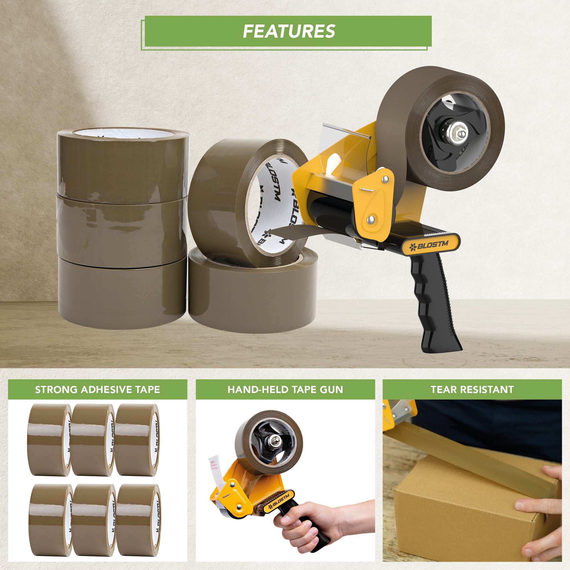 BLOSTM BROWN PACKAGING TAPE & GUN DISPENSER