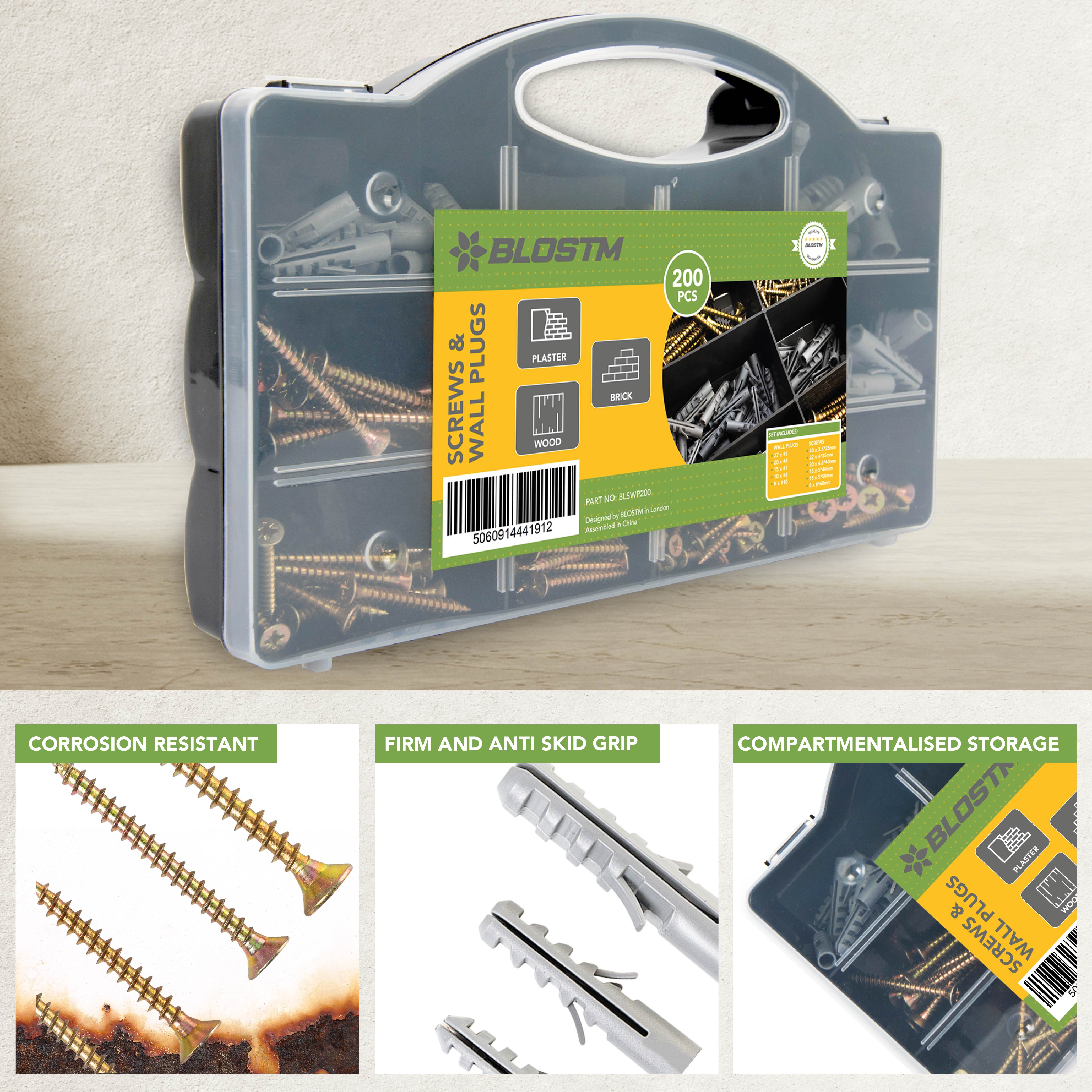 BLOSTM SCREWS AND WALL PLUGS - 200 PIECE